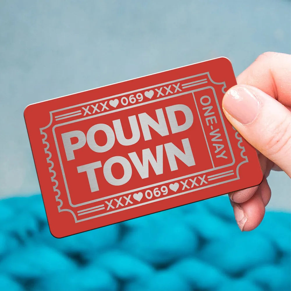 Personalized Pound Town Ticket Metal Wallet Card, Funny Couple Gift for Boyfriend or Husband, Slim Modern Keepsake