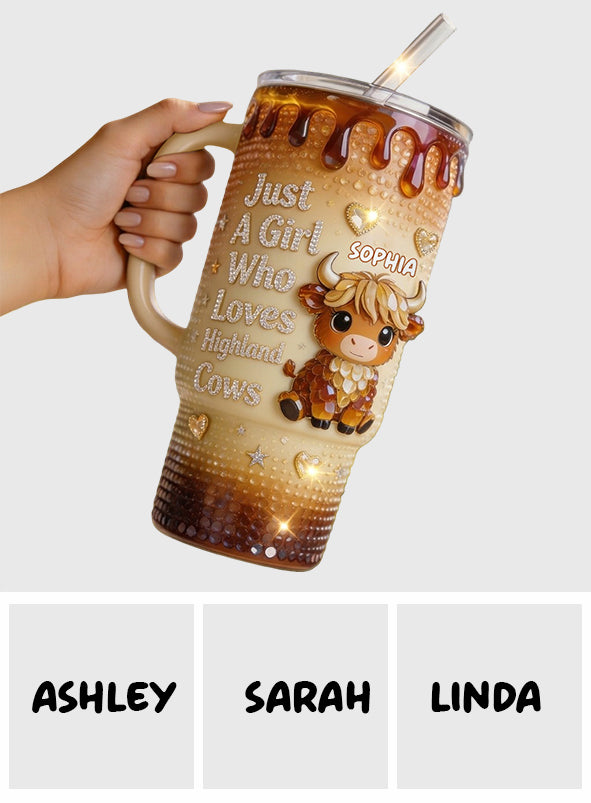 Just A Girl Who Loves Highland Cow - Personalized Highland Cow Tumbler With Handle