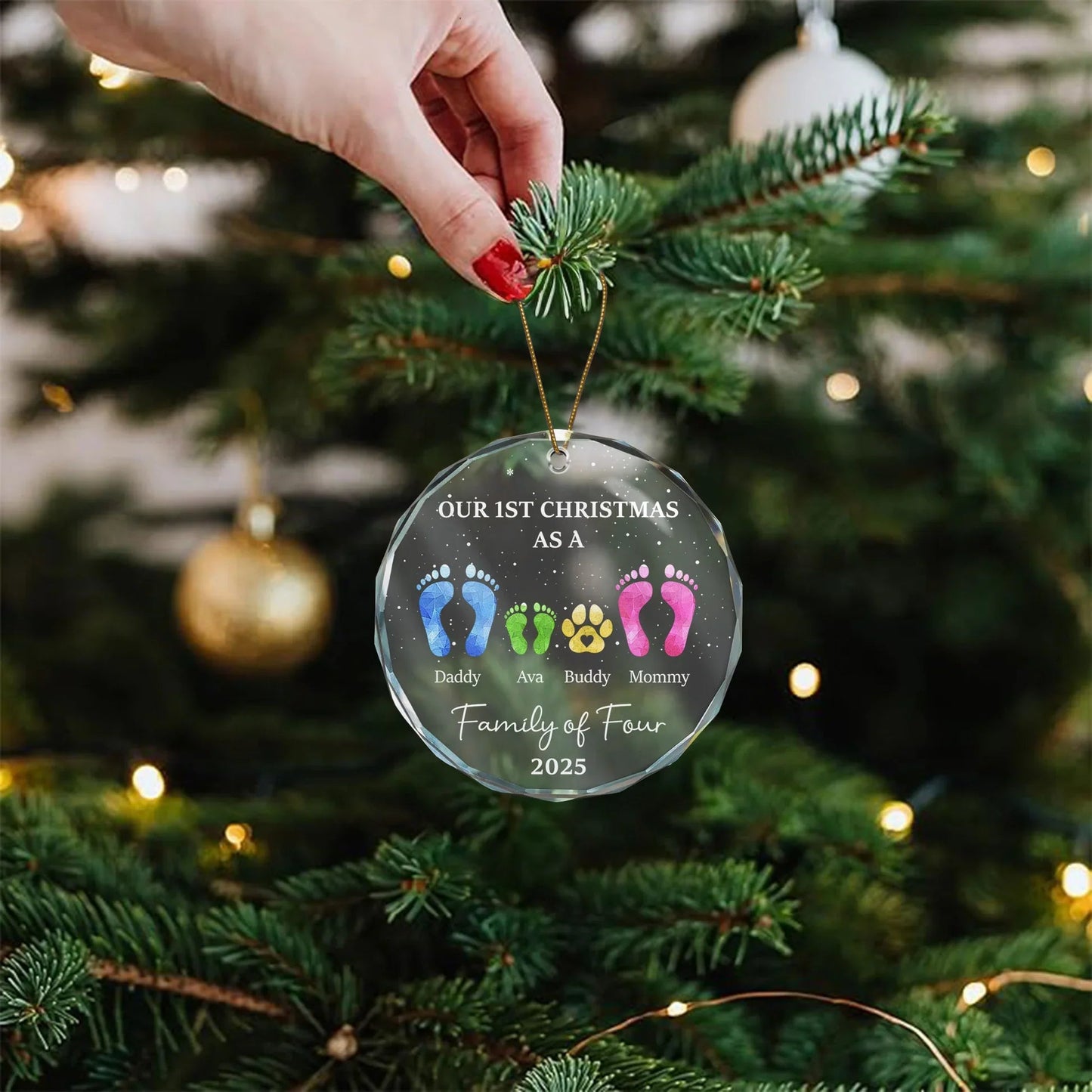 Crystal Ornament with Family Footprints & Paw Print Design, Warm Holiday Keepsake, Perfect Gift for Loved Ones