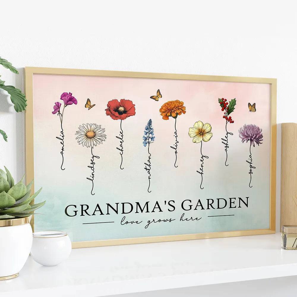 Grandma's Garden Love Grows Here Beautiful Birth Month Flower Gift For Grandma Mom Personalized Pillow or Poster or Canvas, Keychain, Plaque, Wallet Card or Ornament