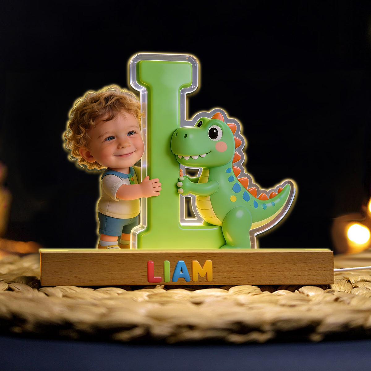 Dinosaur Alphabet Letter & Custom Photo - - Personalized Kid Shaped Led Night Light