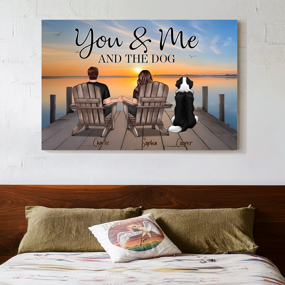 Couple with Pets on the Beach, Poster, Canvas, Keychain, Plaque, and Ornament, Perfect Gift for Her and Dog Loves