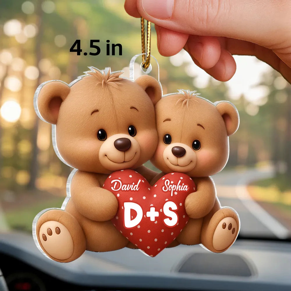 Personalized Bear Couple Acrylic Car Hanger Rearview Mirror Decor, Cute Heart Design, Unique Gift for Couples