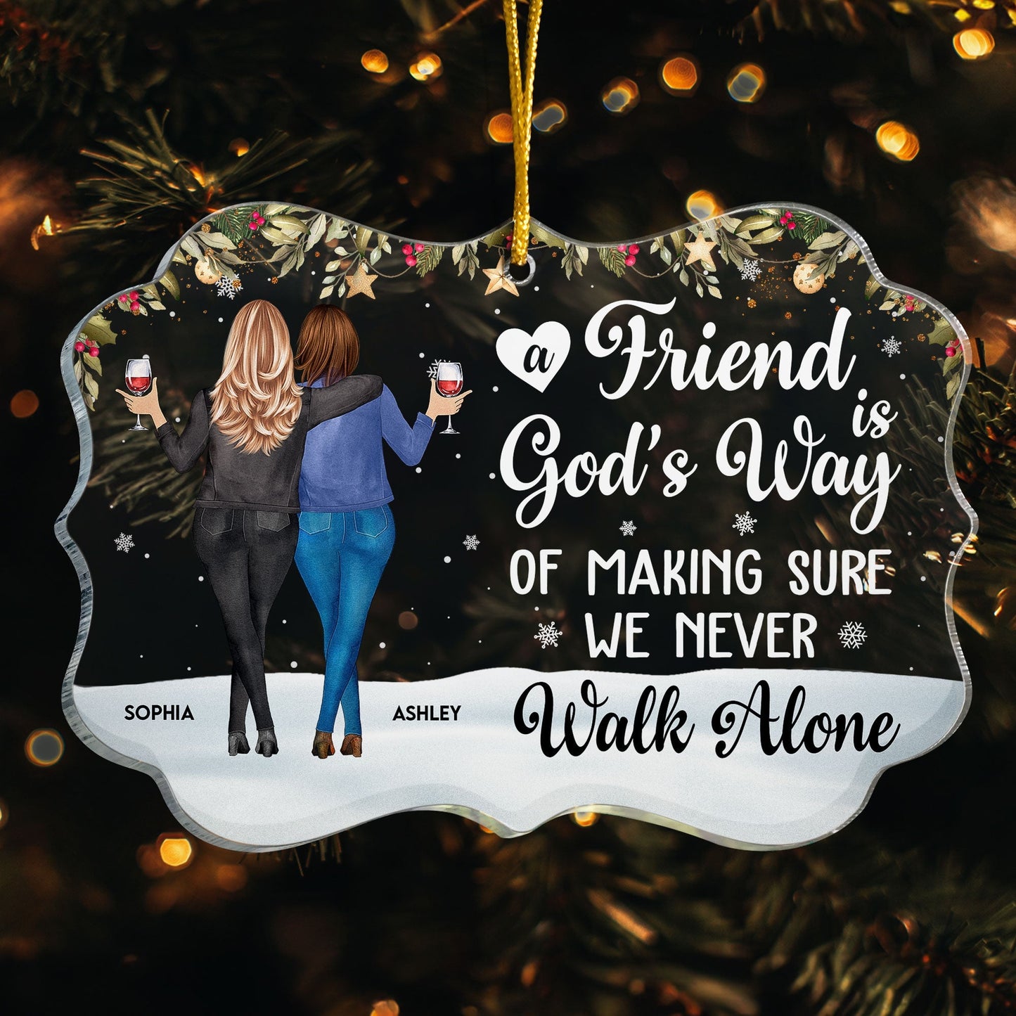 Acrylic Ornament with Friend Illustration and Quote, Christmas Tree Decoration for Besties