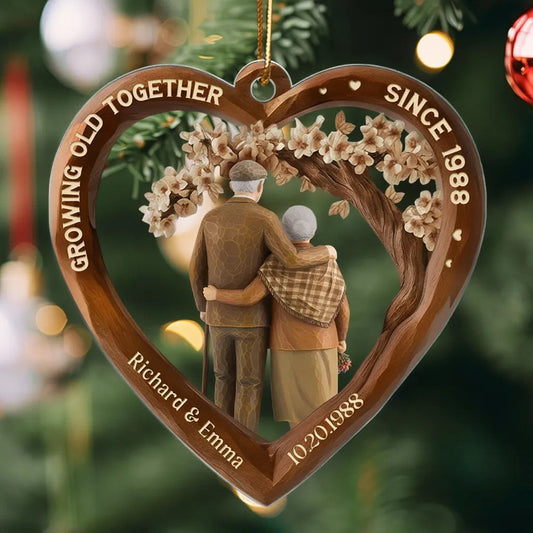 Personalized Heart Acrylic Ornament with Couple Hugging Under Blossoms, Unique Anniversary Gift for Husband or Wife
