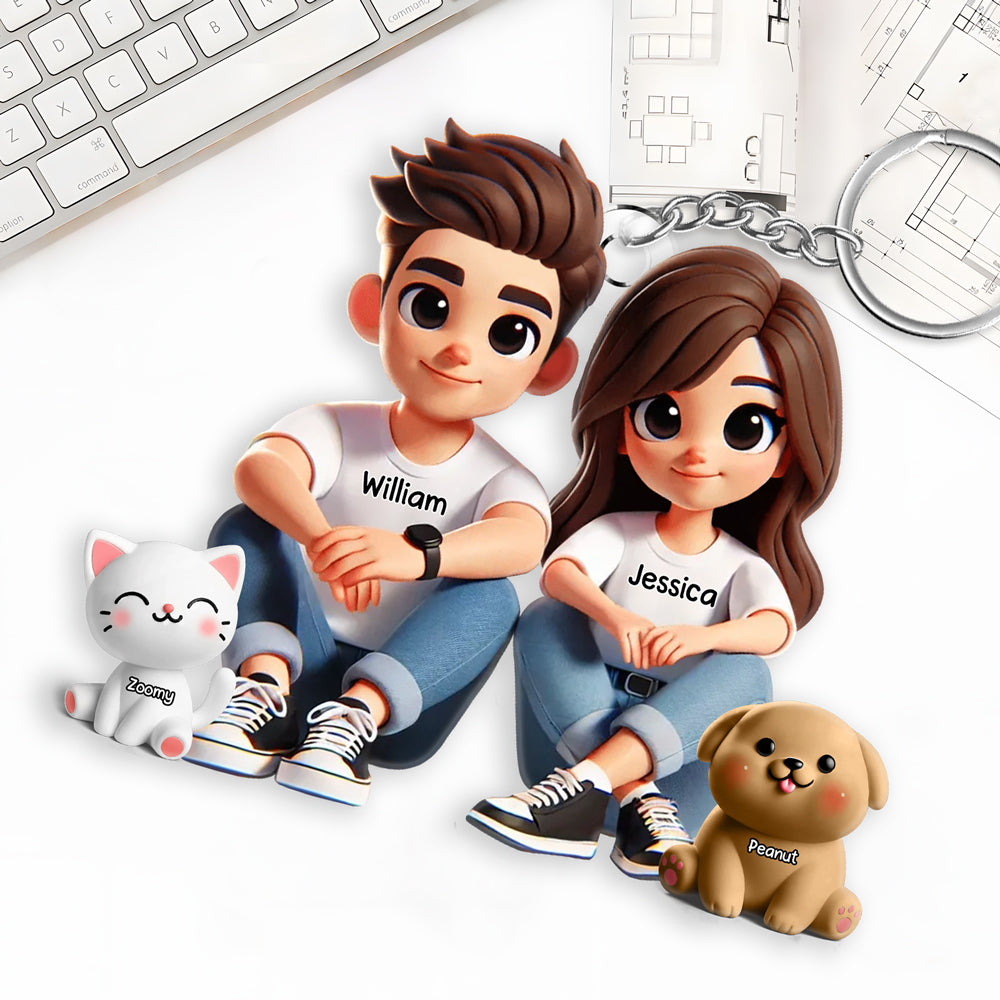 Personalized Acrylic Keychain – Cute Couple Cartoon Keychain with Names and Pet, Perfect Gift for Couples, Custom Love Keepsake for Family and Relationship Celebrations