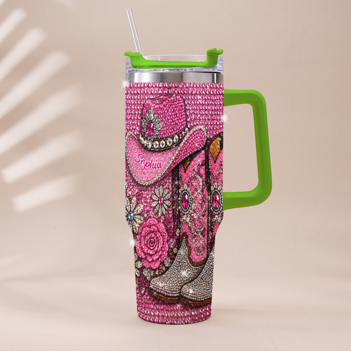 Cowgirl Boots - Personalized Cowgirl Rhinestone Tumbler With Plush Charm