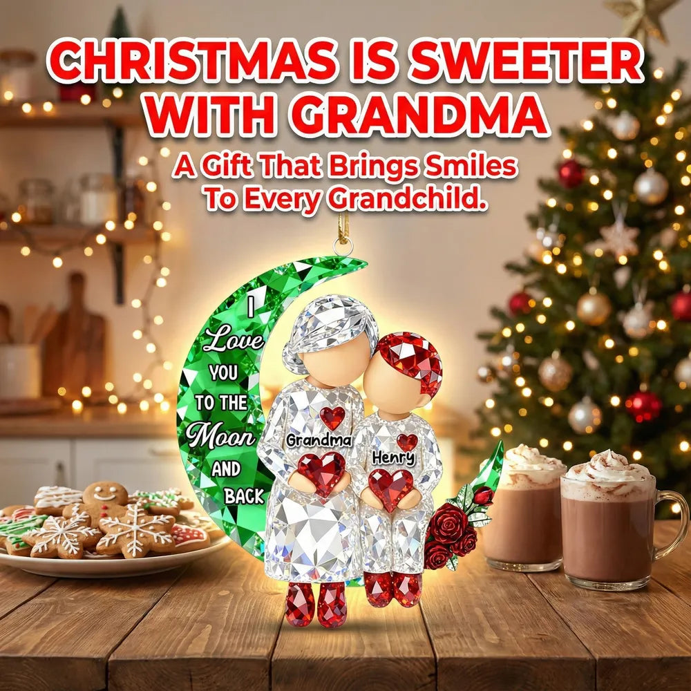 Acrylic Ornament Personalized Grandma and Grandkid Moon Hug Scene I Love You to the Moon and Back Sweet Holiday Gift
