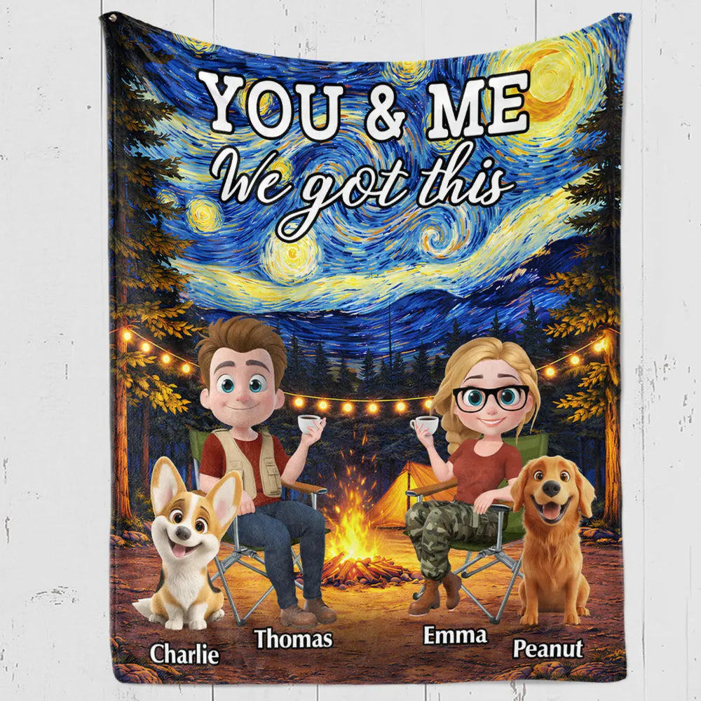 Personalized You & Me Camping Fleece Blanket, Cozy Campfire Couple & Dogs, Unique Gift for Couples