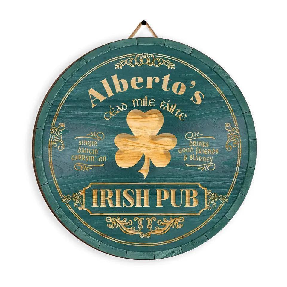 Personalized Irish Pub Clover Wooden Sign Round Green Bar Decor With Celtic Style Lettering Unique St. Patrick's Day Gift