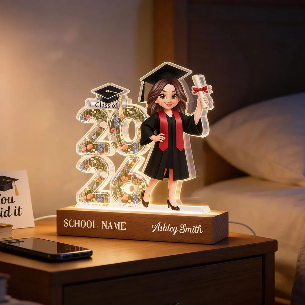 Senior Floral Block LED Light Plaque, Class Of Keepsake with Cap and Diploma Design, Creative Gift for Graduates