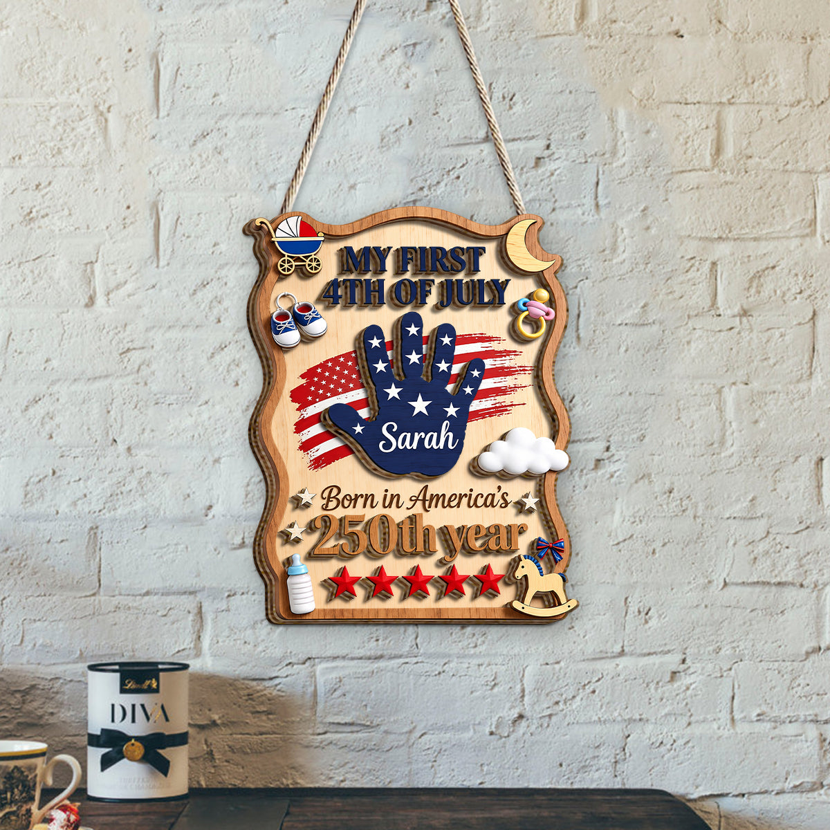 Born In America's 250th Year - Personalized Baby Shower 2 Layered Wood Sign / Wood Plaque