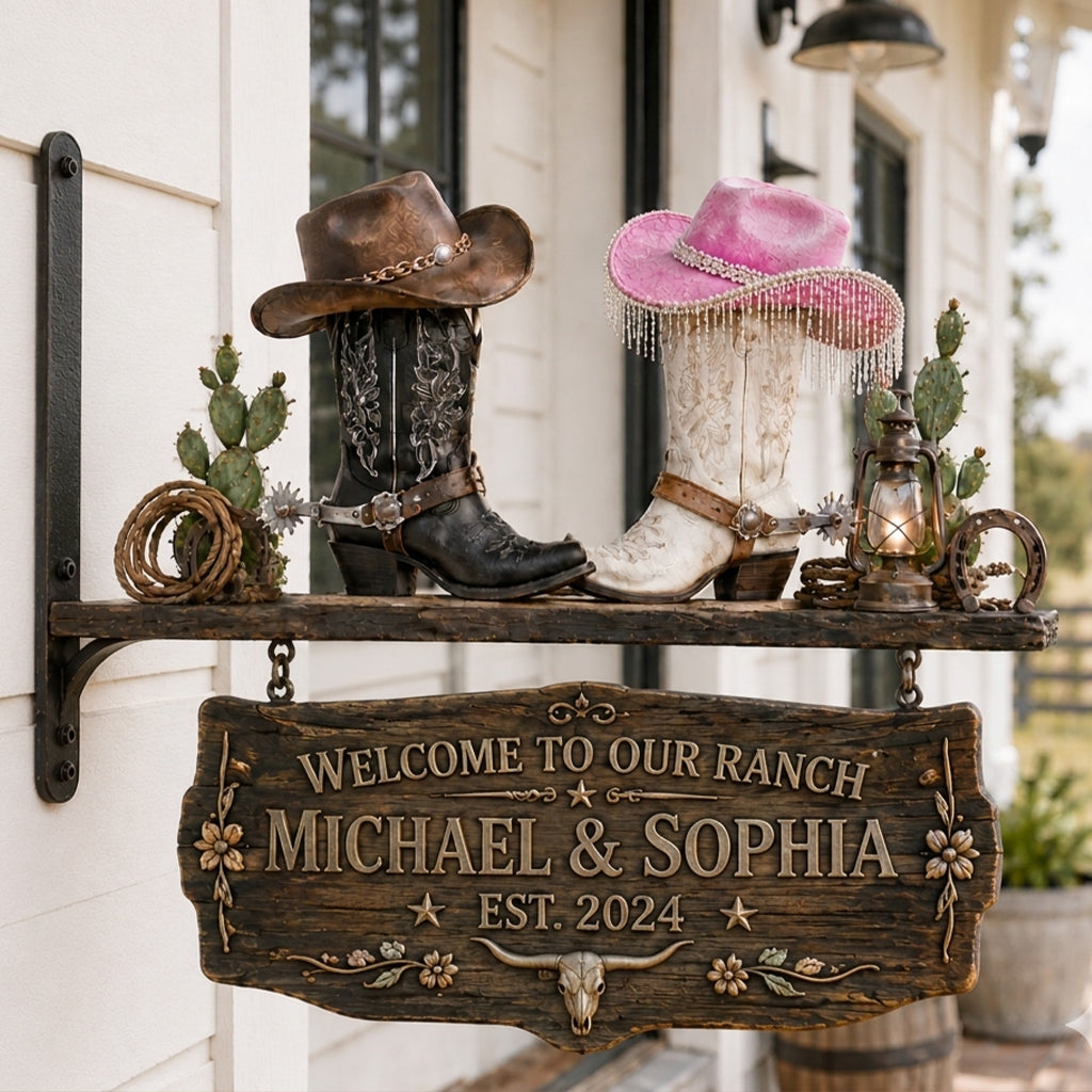 Cowboy Cowgirl Couple - Personalized Western Outfit Wooden Wall Mount Sign