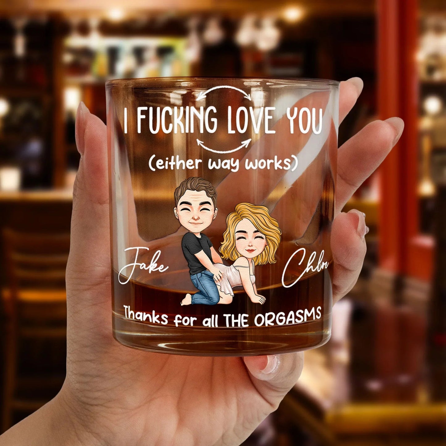 Personalized Funny Love Quote Whiskey Glass with Cartoon Couple - Unique Naughty Gift for Couples
