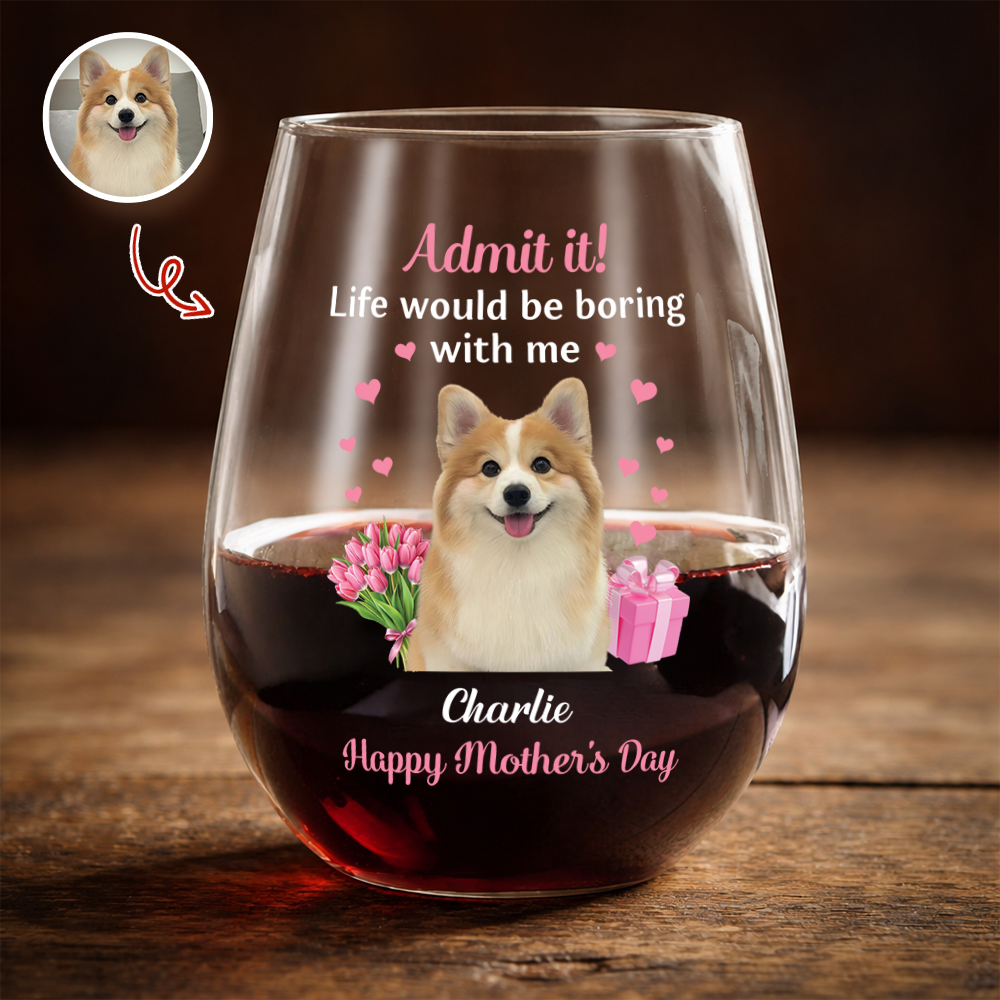 Personalized Pet Photo Wine Glass Admit It Life Would Be Boring With Me Cute Mother's Day Gift for Dog Moms