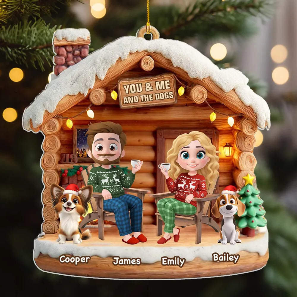Custom You & Me and the Dog Acrylic Ornament for Couples, Cute Holiday Cabin Design, Heartwarming Christmas Tree Gift