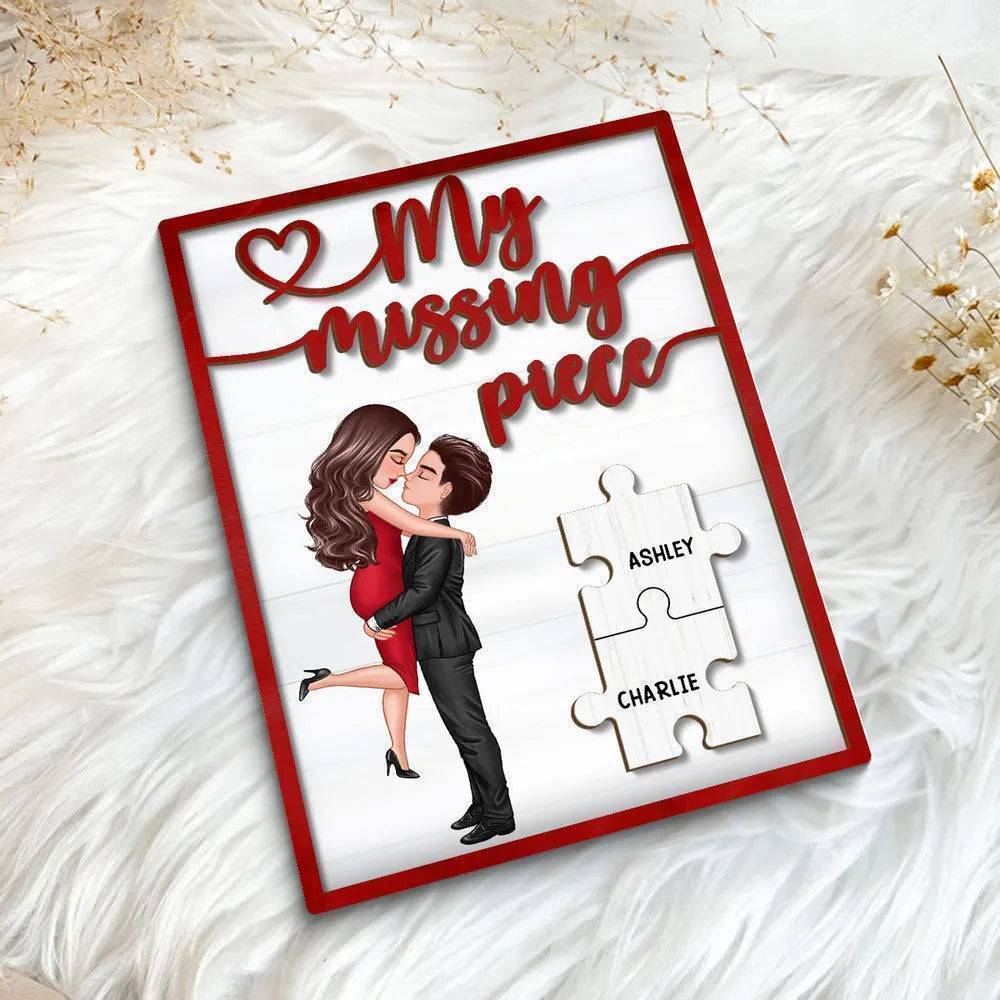 Embrace of Love - 'My Missing Piece' Personalized 2-Layer Wooden Plaque with Hugging & Kissing Couple - Ideal Valentine's & Anniversary Gift for Him & Her