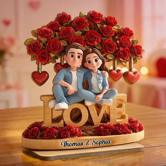 Personalized 2-Layer Wooden Plaque Couple on LOVE Bench with Rose Tree and Hearts, Unique Valentine's Day Gift