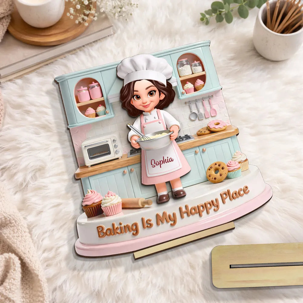 Personalized 2-Layer Wooden Plaque, Baking Is My Happy Place Cute Chef in Pastel Kitchen, Unique Gift for Mom or Grandma