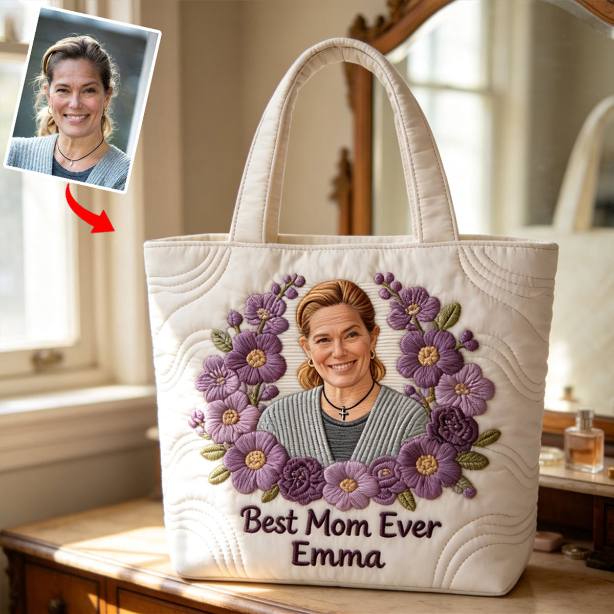 Floral Portrait Quilted Tote - Personalized Grandma Quilted Tote Bag