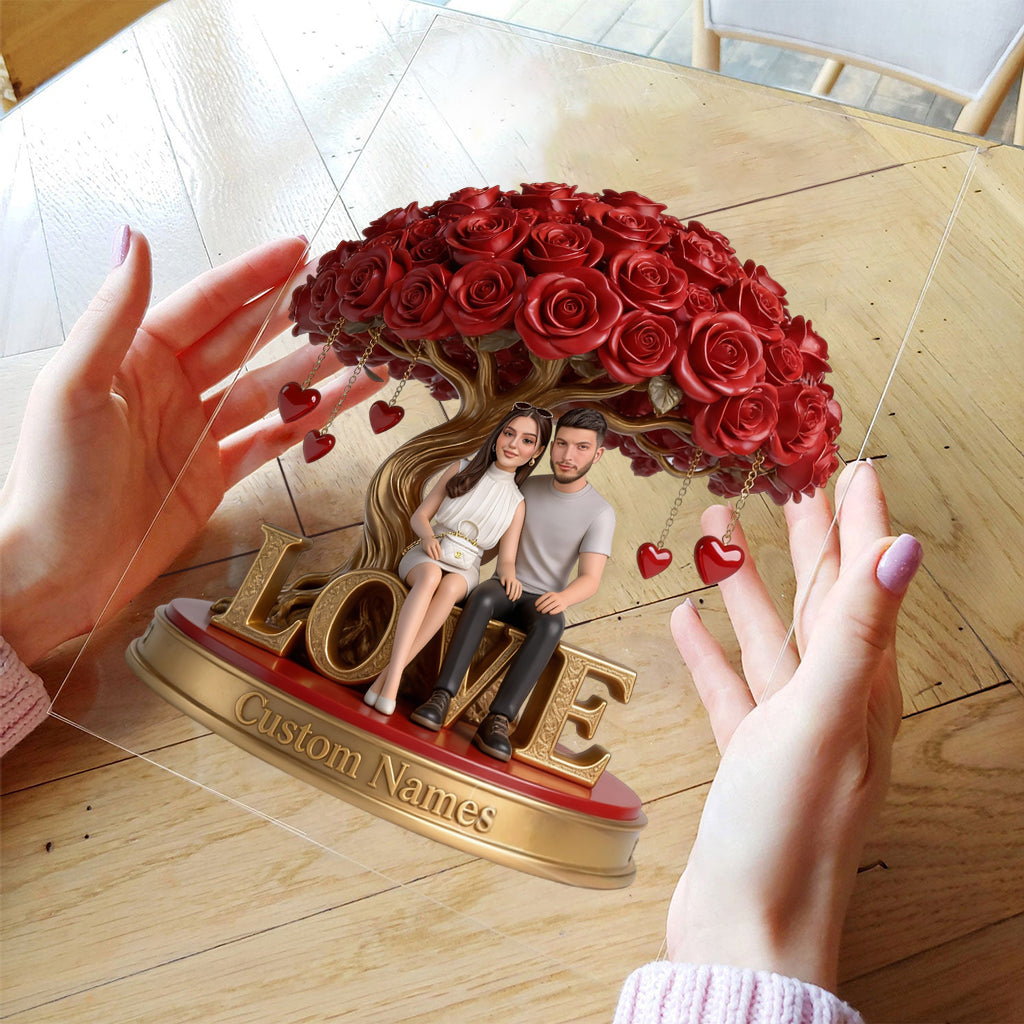 Custom Lesbian Couple Figurine Statue under Red Rose Tree, Engraved Name, Romantic Same Sex LGBT Anniversary Wedding Gift Home Decor