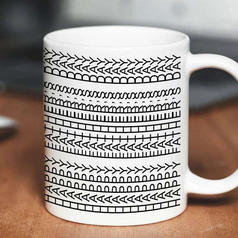 Creative Father’s Day Mug – Abstract Text Pattern Design in White Ceramic Style