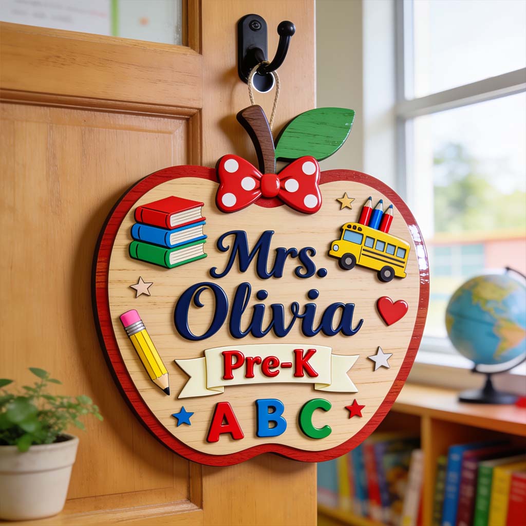 Apple 3D Shaped Door Hanger - Personalized Teacher Custom Shaped Wood Sign