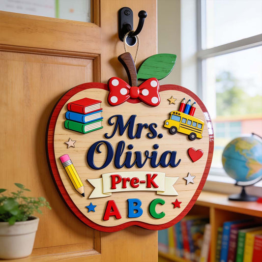 Apple 3D Shaped Door Hanger - Personalized Teacher Custom Shaped Wood Sign