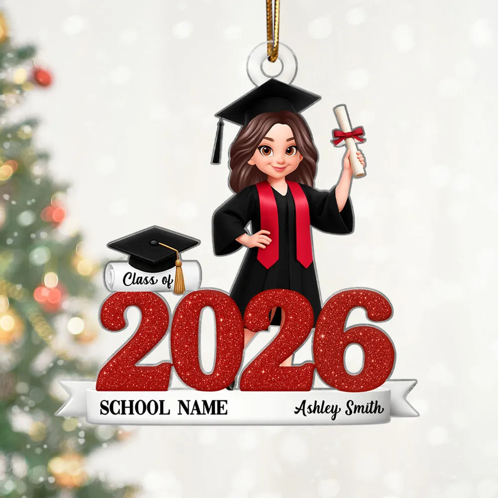 Graduation Acrylic Ornament, red glitter design with cap & diploma, celebrate achievement, perfect graduation gift keepsake