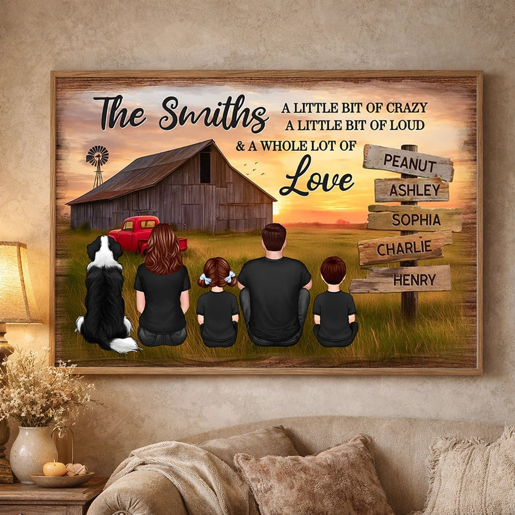 Custom Rustic Farm Family Poster Sunset Barn and Kids with Dog Cozy Country Decor Unique Father's Day Gift