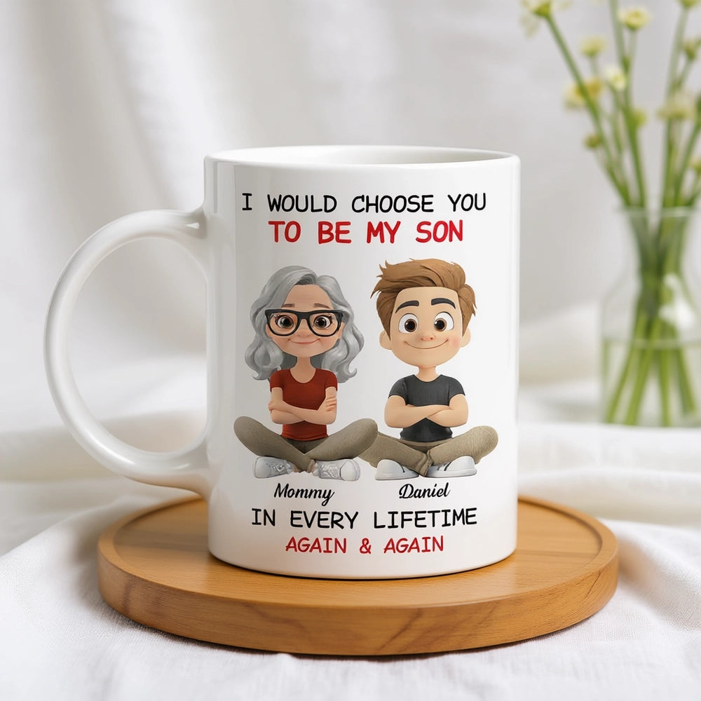 White Ceramic Mug with Heartwarming Mom and Son Design, Perfect Gift Choice