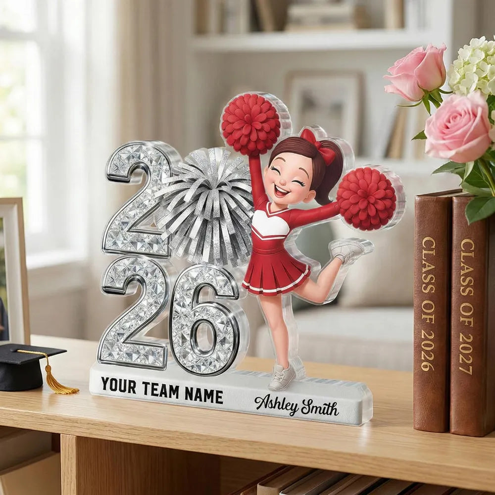 Shaped Acrylic Block Plaque With Cheerleader and Pom Poms Desk Decor, A Sweet Personalized Keepsake Gift