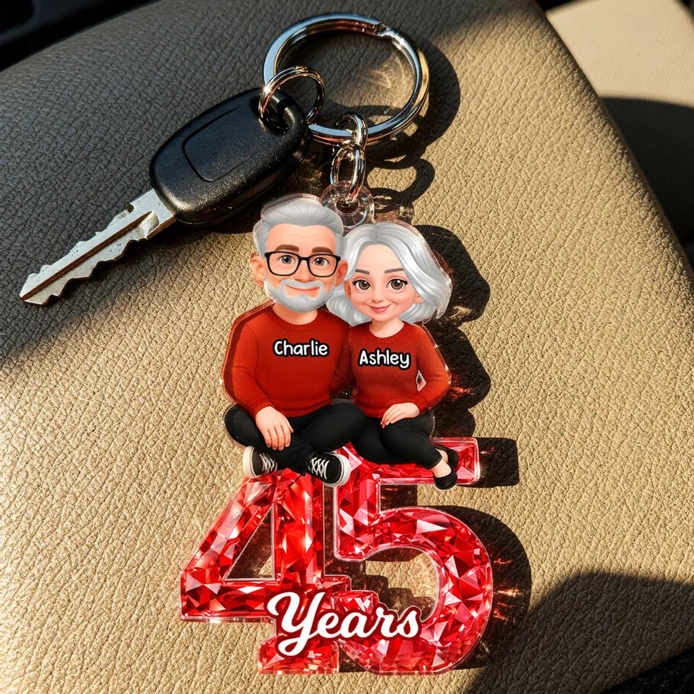 Personalized Anniversary Acrylic Keychain With Couple Illustration Red Gem Look A Unique Gift For Husband Or Wife