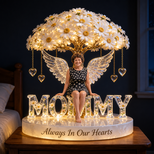 Custom Latin Grandma Always In Our Hearts Angel Wings Figurine, Personalized Memorial Tree Lamp Statue, Sympathy Remembrance Night Light Table Decor