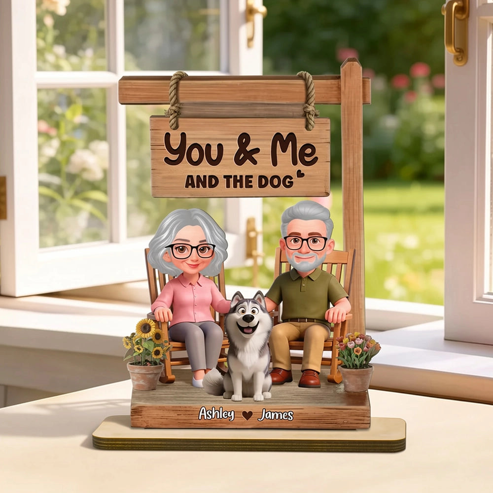 You & Me and the Dog 2-Layer Wooden Plaque, Personalized Sweet Cartoon Keepsake for Couple and Dog Lover Gift
