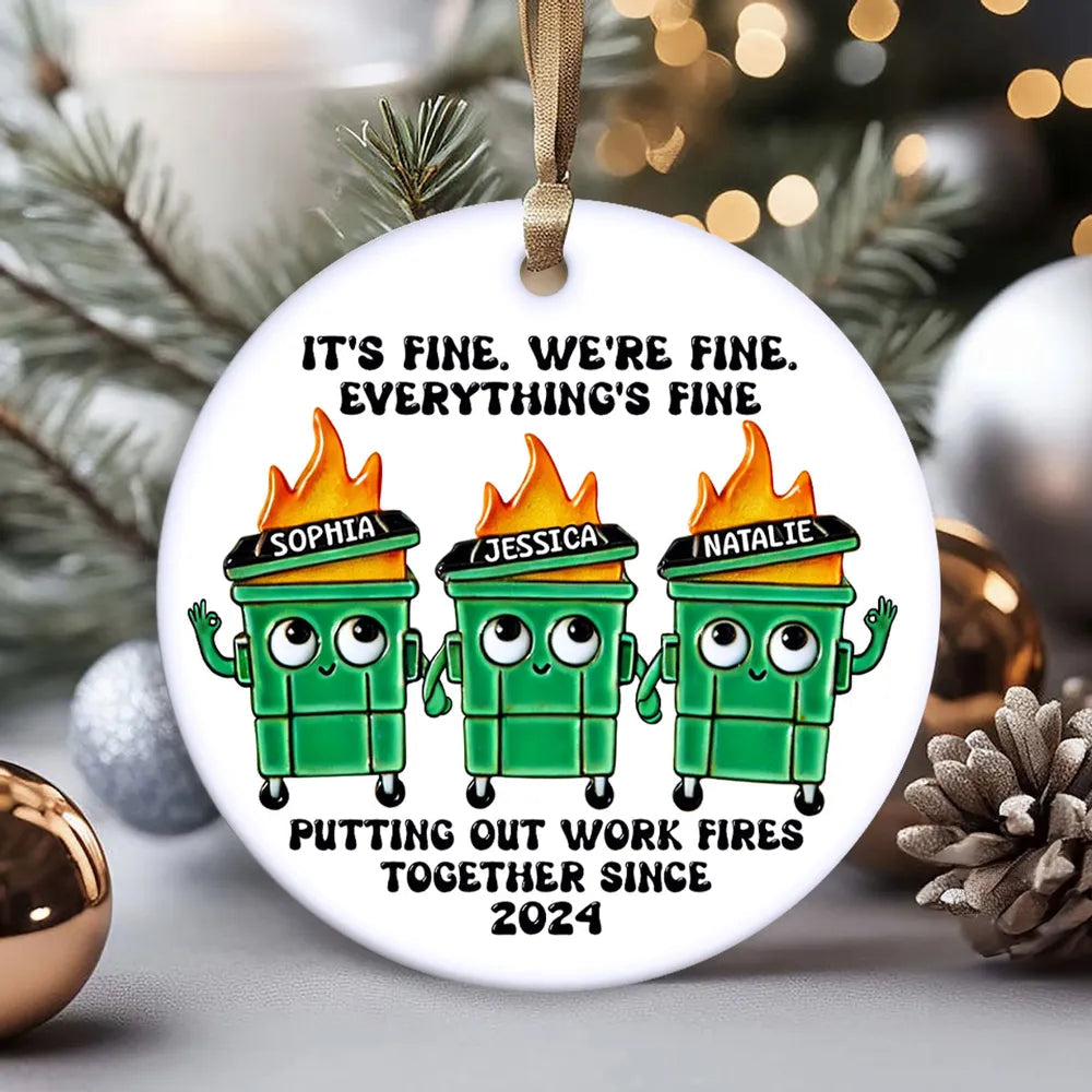 Personalized Ceramic Ornament with Funny Dumpster Fire Characters, Unique Coworker Gift for Office Friends & Work Besties
