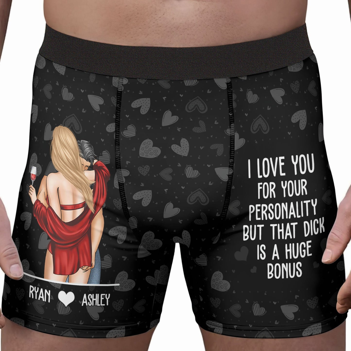 Personalized Men's Boxer Briefs with Funny Romantic Quote, Couple Hug Illustration, Unique Anniversary Gift