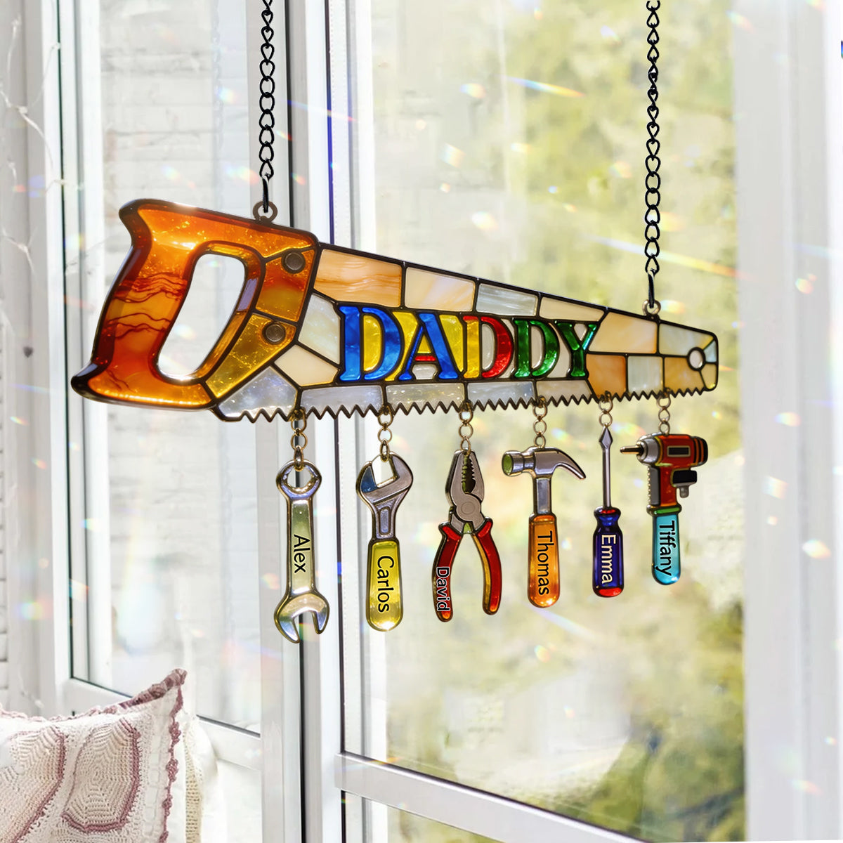 Best Dad Ever - Personalized Father Window Hanging Suncatcher With Custom Charms