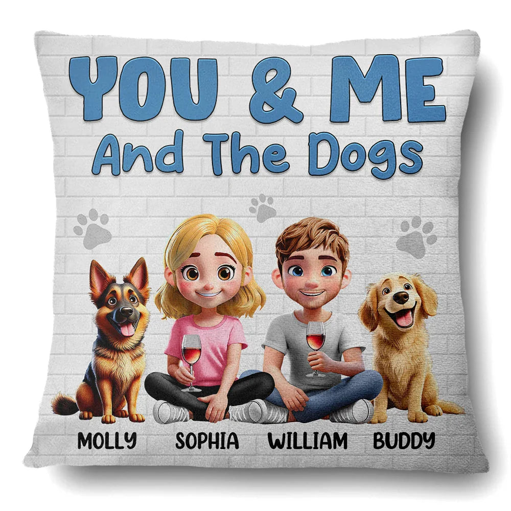 You & Me and the Dogs – Personalized Square Pillow for Families with Custom Pet and People Characters, Perfect Gift for Dog Lovers