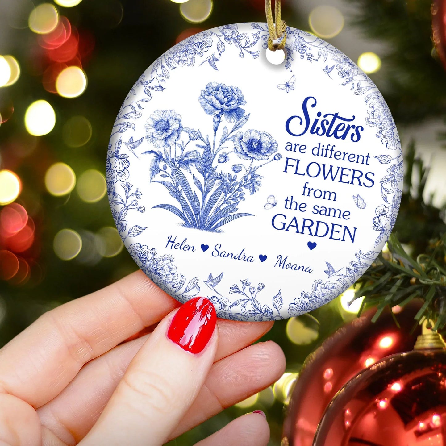 Sisters Ceramic Ornament with Blue Flower Pattern, Sentimental Home Décor and Gift-Ready Keepsake