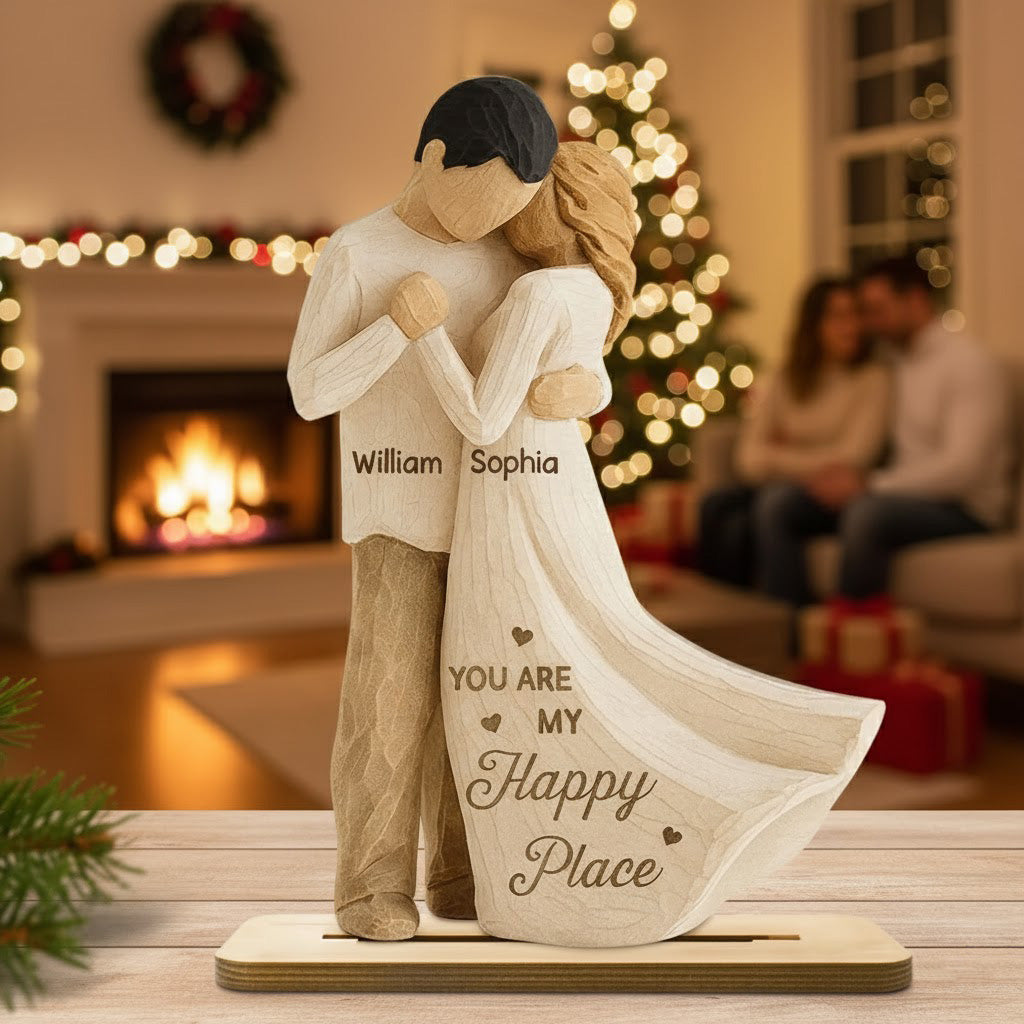 Wooden Plaque Couple Embrace Keepsake, Rustic Wood Decor, You Are My Happy Place, Unique Gift for Him or Her