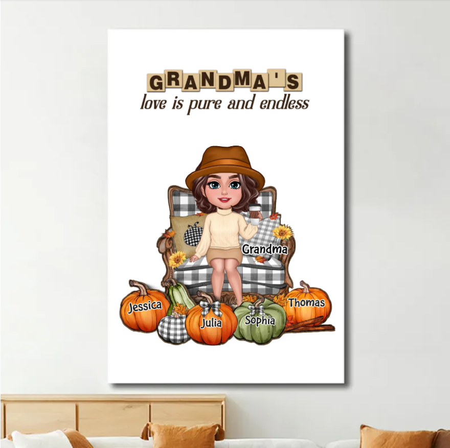 "Personalized Grandma's Autumn Pumpkin Plaque, Poster, Keychain, Ornament, Pillow & Blanket and Cup - A Heartwarming Gift for Loved Ones"