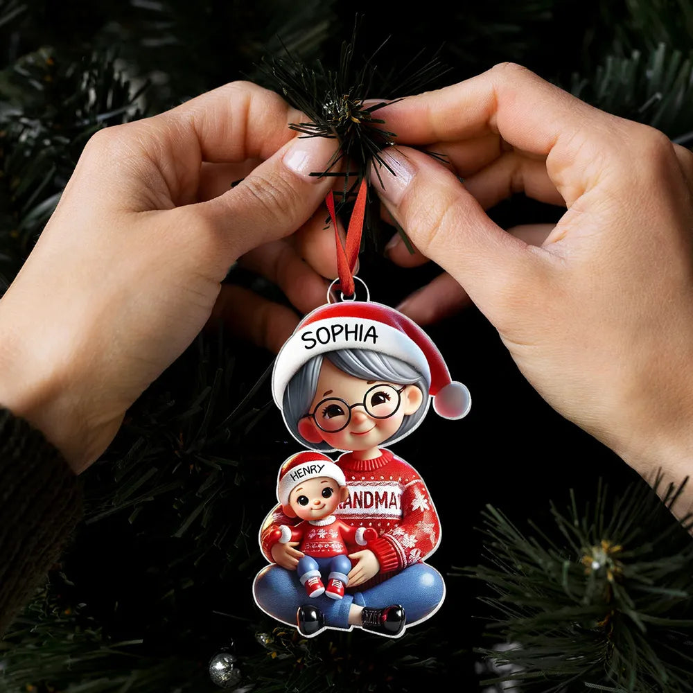 Acrylic Ornament with Grandma & Grandkid Hug Scene, Heartwarming Holiday Décor and Perfect Gift for Family