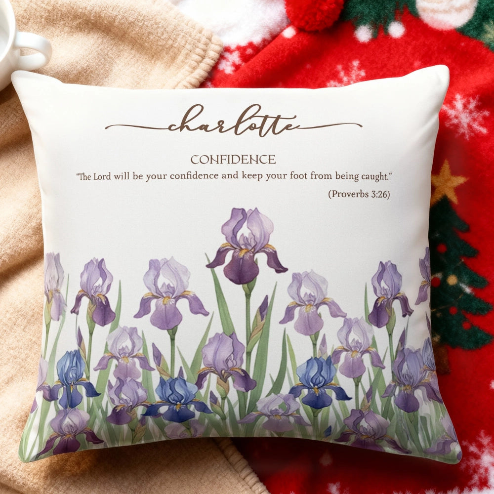 Personalized Square Pillow with Name and Bible Verse Gift for Her – Watercolor Iris Cushion for Daily Confidence