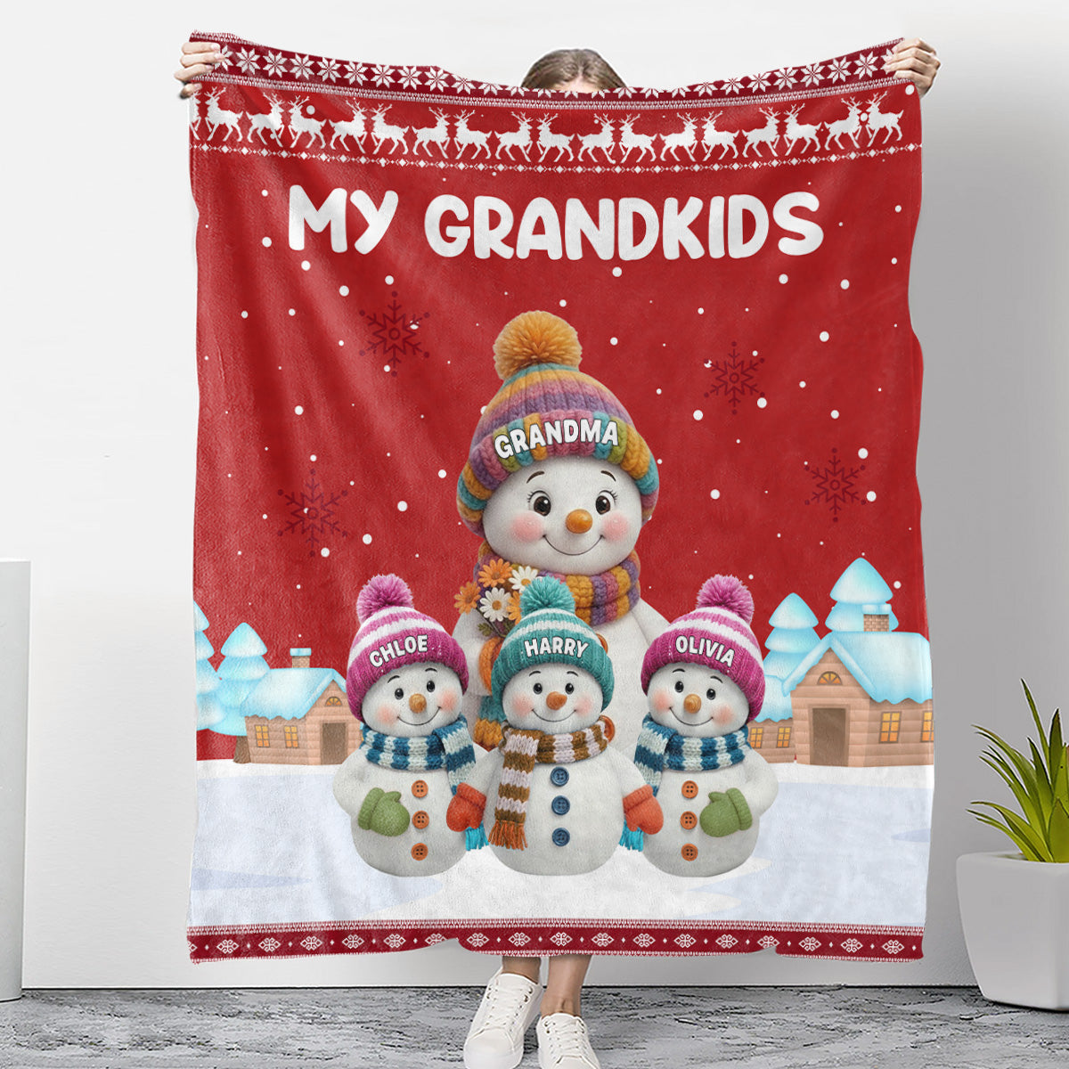 Custom My Grandkids Fleece Blanket, Cute Snowman Family Winter Scene, Warm Keepsake Throw and Thoughtful Grandparent Gift