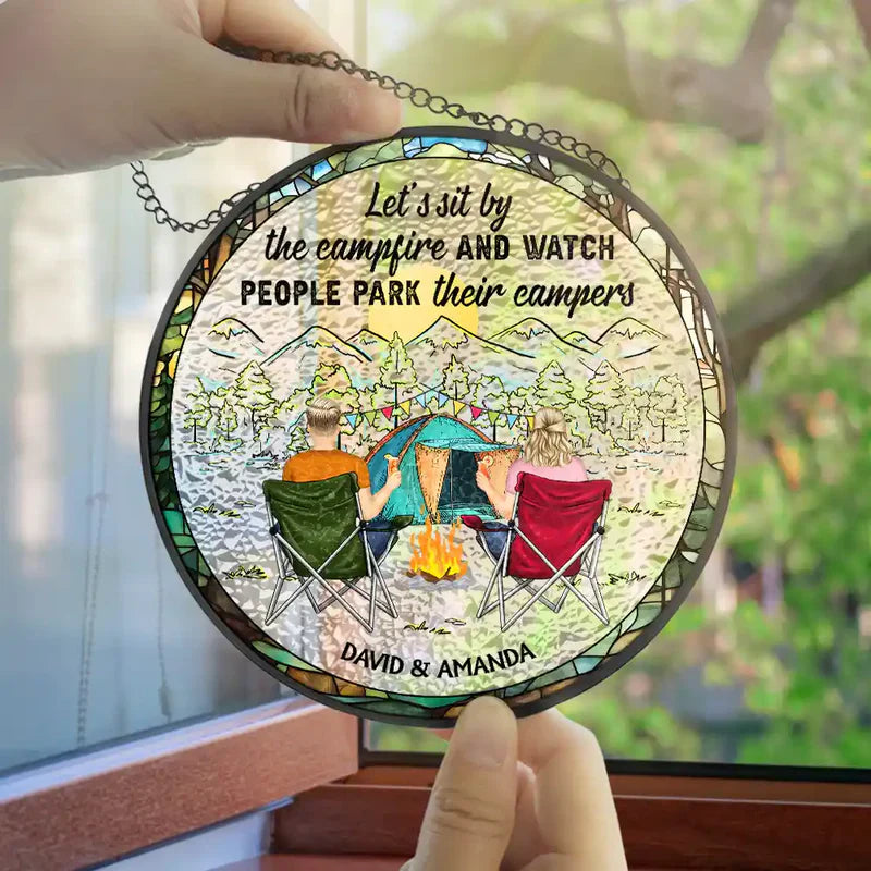 Personalized Glass Suncatcher Ornament Home Is Where We Park It Camping Scene, Unique Gift for Couples
