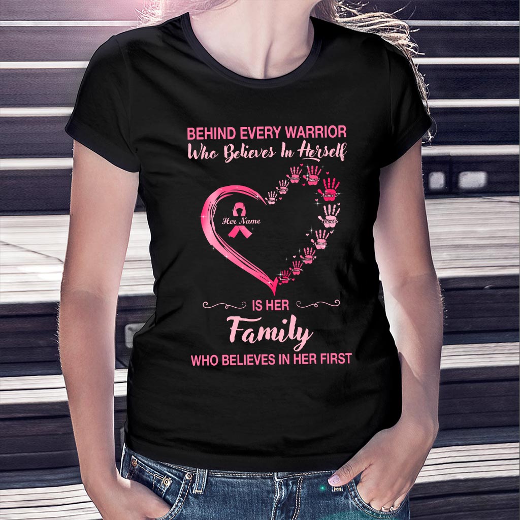 Behind Every Warrior Pink Heart Hand Prints - Breast Cancer Awareness Personalized T-shirt And Hoodie