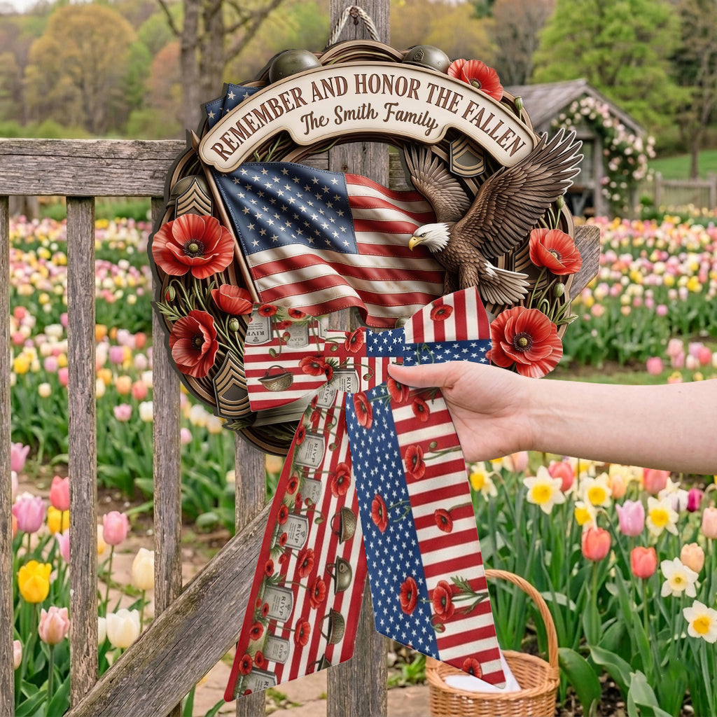 Honor The Fallen - Personalized Memorial Day Shaped Wood Sign With Sash