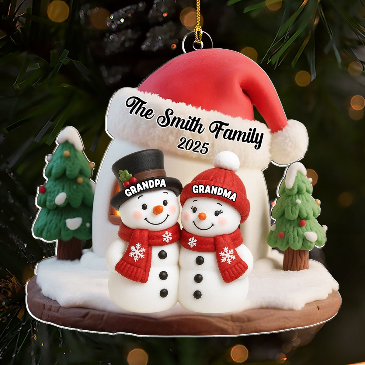 Snowman Family Ornament - Personalized Acrylic, Cozy Winter Scene, Unique Christmas Gift for Grandparents or Parents