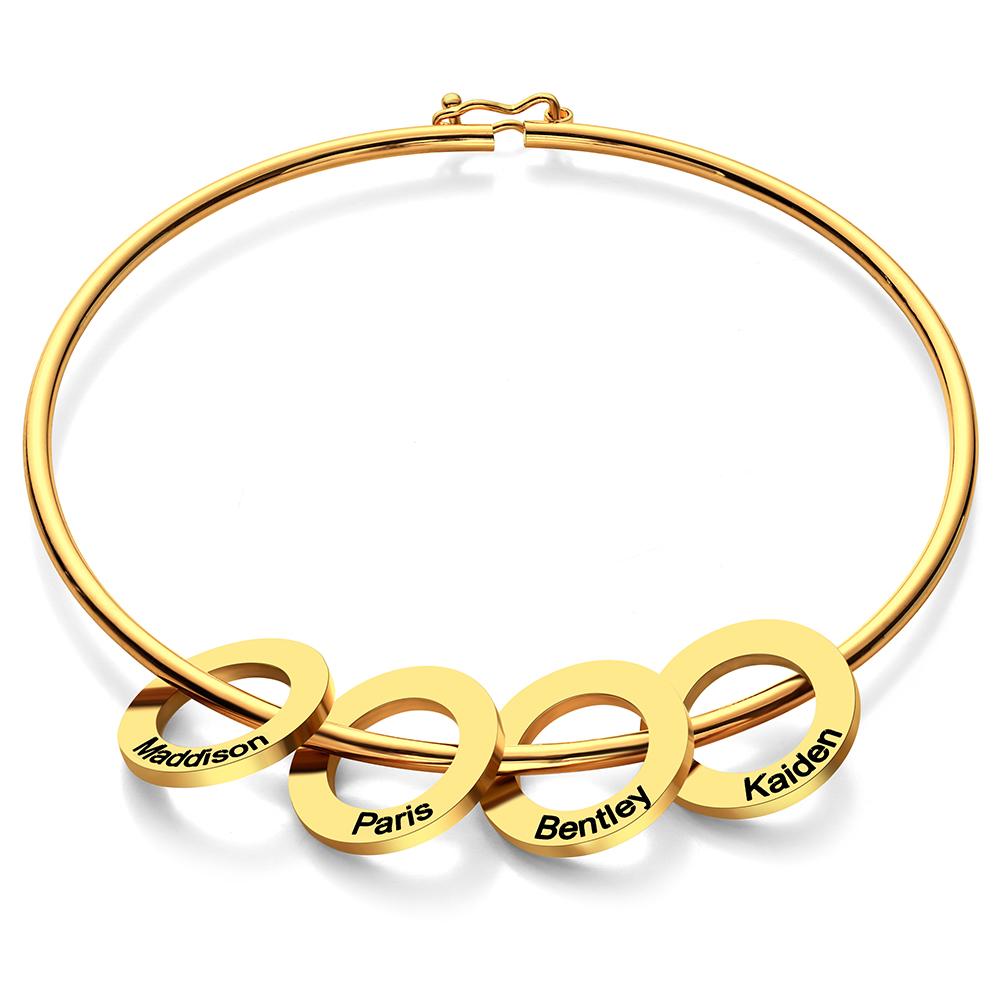 Any Name - Personalized Family Bangle Bracelet with Heart/Round Pendants